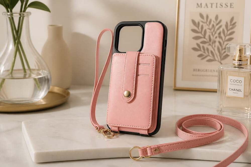 Oteck Crossbody Wallet Case with Lanyard and Card Holder for iPhone 16 Pro, Pink